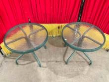 Pair of Small Round Green Metal Patio Side Tables Planter Stands w/ Glass Tops. See pics.