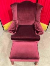 Vintage Wine Red Wingback Armchair & Matching Ottoman. Excellent Condition. See pics.