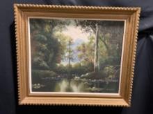 Framed Oil on Canvas, Landscape Forest Pond scene, by K. Yoshii, approx 25h x 29.5w inches