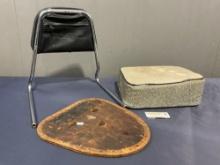 3 Vintage Vespa Pieces, Leather Seat Cover w/ pocket, Old Wood, & Vintage Cushion