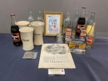 Large Selection of 23 Hires Root Beer, Bottles, some w/soda, 3 Steins, Belt Buckle, Extract & more,