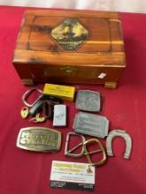 Jewelry Box w/ Belt Buckles, U.S.S. Enterprise Zippo Lighter, & more