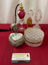 Crystal Perfume Bottle & Jewelry Box, Music Box, BVLGARI & Femme De Caron Perfume, Glass Atomizer