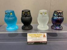 4 Summit Art Glass Owls, Hand Pressed, Clear, Dark Burgundy, Blue Satin, Carnival Plum, 3.75 inches