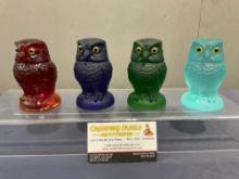4 Summit Art Glass Owls, Hand Pressed, Cobalt Blue, Green Satin, Blue Satin & Red, 3.75 inches