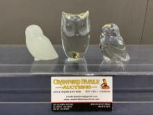 Three Glass Owls w/ Original Stickers, Hadeland Norway Opaline & Clear 2.25 inch, Reijmyre Sweden..