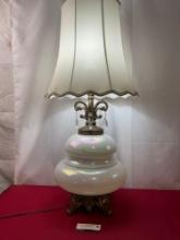 Pearlescent Glass Lamp w/ Brass Base & Tall White Shade, approx 35h x 12.5d inches