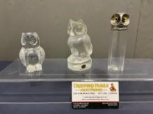Three Glass Owls, Bottle w/ Metal Lid, Princess House, & Goebel Frosted Glass, 3.25, 4.5, 4.75 inch