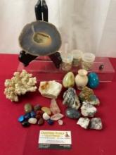 Collection of Rocks, 3 vials of small rocks, Coral Chunk, Large Agate, a few tumbled & some cryst...