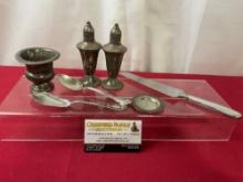 Asst. Sterling Silver & Weighted Sterling S&P Shakers, Cup, Spoon, Butter knife, Server, 410.3 gr...