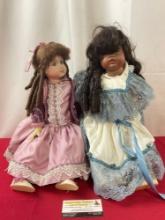 Pair of Vintage Vernon Sealey Porcelain Dolls, roughly 16-18 inches long, Blue & Purple Dresses