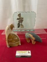 Trio of Native American/Inuit Pieces, Glass Slab w/ Inukshuk, Signed Ceramic, & Signed Stone Statue
