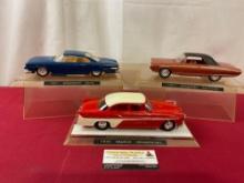 3 Model Cars, 1956 Desoto, 1961 Plymouth & 1963 Chrysler, in display case, 9 inches, 1:24 Scale