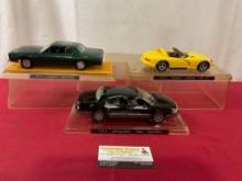 Three Model Cars, 1978 Dodge Monaco, 1994 Dodge Viper, 1994 Chrysler, in Display Cases, 11 inches