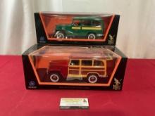 Pair of Lucky Die Cast Cars in Box, 1955 Willys Jeep Station Wagons, about 11 inches long