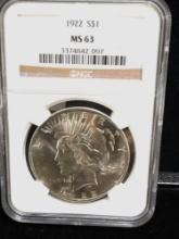 Antique 1922 Silver Peace Dollar Graded MS 63 NGC Nice coin