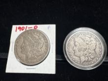 2 x Silver Morgan Dollars 1901-O & 1900-O ( 1 With Chop mark )