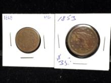 Antique 1853 Large one cent & 1868 2 cent piece nice coins