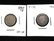 Antique 1910 -S Barber Head Silver dime & 1873 three cent piece nice coins
