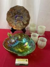 Vintage Rare Fenton Carnival Glass Plate & Indiana Green Fruit Bowl & Four Small Glass Shades
