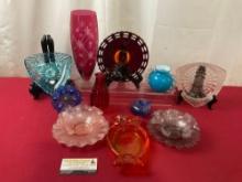 Collection of Art Glass Vases, Plates & Bowls, Owl Ashtray, Etched Bohemian Vase