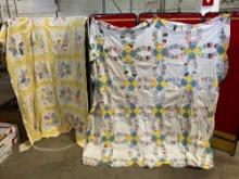 2 pcs Vintage Incomplete Hand Sewn Quilted Coverlets, Flowers & Ring Patterns. See pics.
