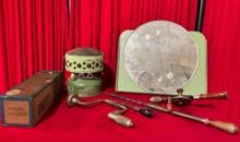 7 pcs Vintage Decor Assortment. Hand Tools, Cigar Box, Coleman Heater & More. See pics.