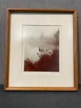 Framed Signed Photo Print by Ray Hartl, Foggy Lake Scene, Orange Foilage, 16h x 14w inches