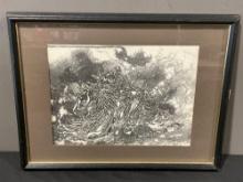 Framed Louise Bussiere Print of a Detailed Pen Drawing, abstract, 13h x 17w inches