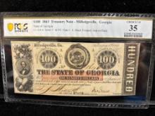 Antique Civil War era 1863 Confederate $100 Treasury Note / Milledgeville Georgia Graded PCGS VF 35