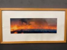 Framed Panoramic Photo Print titled Burning Field, Saline Co, Kansas, signed by artist, 13h x 25w...