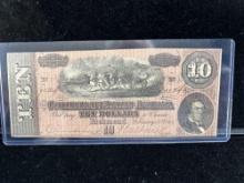 Antique Civil war era 1864 Confederate States of America $10 dollar note Possible VF condition