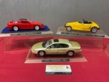 Three Car Models, 91 Dodge Stealth, 97 Plymouth Prowler & Chrysler LHS, in display cases, 9 inches