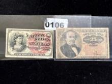2 x Fractional notes 1863 4th issue10 cent fractional currency & 1874 -25 cent fractional Note