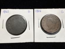 2 x Antique US Large cents Coins 1822 & 1826 see pics
