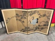 Vintage Beautiful Asian 4-Panel Wood & Paper Folding Screen Painted w/ Cranes. See pics.