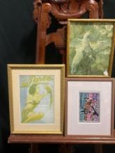 Trio of Parrot Art, Alfonso T. Toran Three Parrots, Linocut Rainbow, & La Paree Mens Magazine Cover