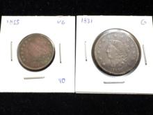 2 x Antique US cents 1831 Large Cent & 1835 Half cent Nice coins see pics