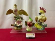 Trio of Cockatoo Glazed Porcelain Statues, tallest is 12 inches tall