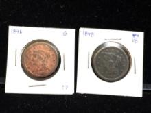 2 x Antique US Large cents coins 1846 & 1848 see pics