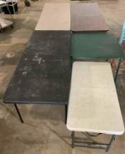 5 pcs Folding Tables. Sudden Solution, Gray Plastic, Wood Finish & More! Fair Condition. See pics.