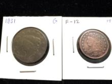 2 x Antique US cents 1831 Large Cent & 1832 Half cent coins see pics