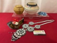Zuni Signed Arizona Vase, Native American Beaded Jewelry & Woven Lidded Basket, 5 pieces