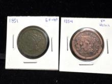2 x Antique US Large cents 1851 & 1854 see pics Nice coins see pics