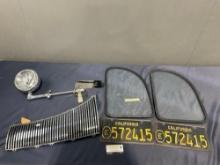 Vintage 1940s Ford Spotlight, Grille Piece, Mirror, Pair of Windows & Pair of License Plates