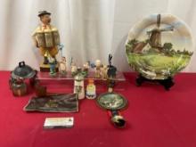 Asst. Small Figures, Pipe, Swiss Bells, HB Wine Cork & Screw Wooden Figure, Dutch Plate, & more