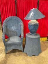 3 pcs Vintage Blue Wicker Patio Furniture, Armchair, Side Table & Lamp. Tested, Works. See pics.