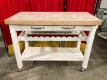 Modern Pine Wood Butcher Block Rolling Kitchen Island Cart w/ Drawer & Wine Rack. See pics.