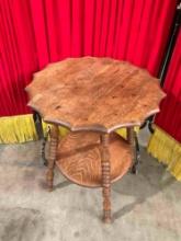 Sweet Vintage Tiger Oak Wood 2-Tier Planter Stand Side Table w/ Scalloped Edge. See pics.