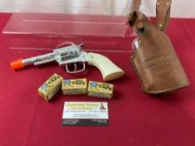 Cap Gun w/ Caps, & Glass Flask in Leather Pouch marked Emergency Kit,